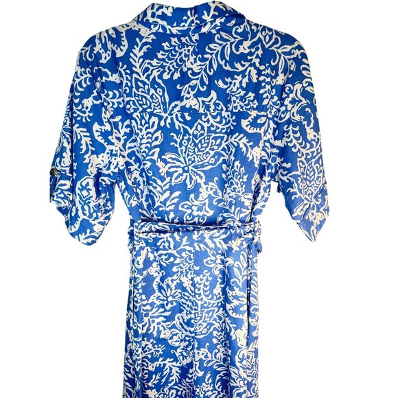 ZARA Large Blue & White Floral Belted Button-Down Midi Dress L Linen Blend Moroc - Picture 10 of 16